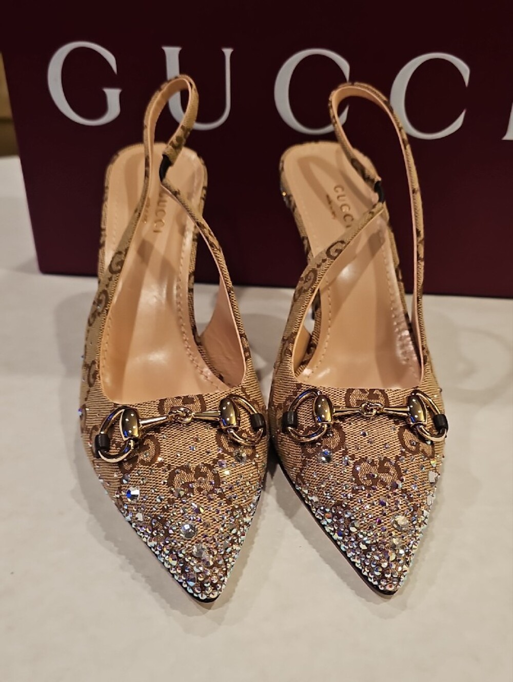 Gucci Beige GG Canvas Slingback Pointed Toe Crystal Heels - Picture 4 of 7